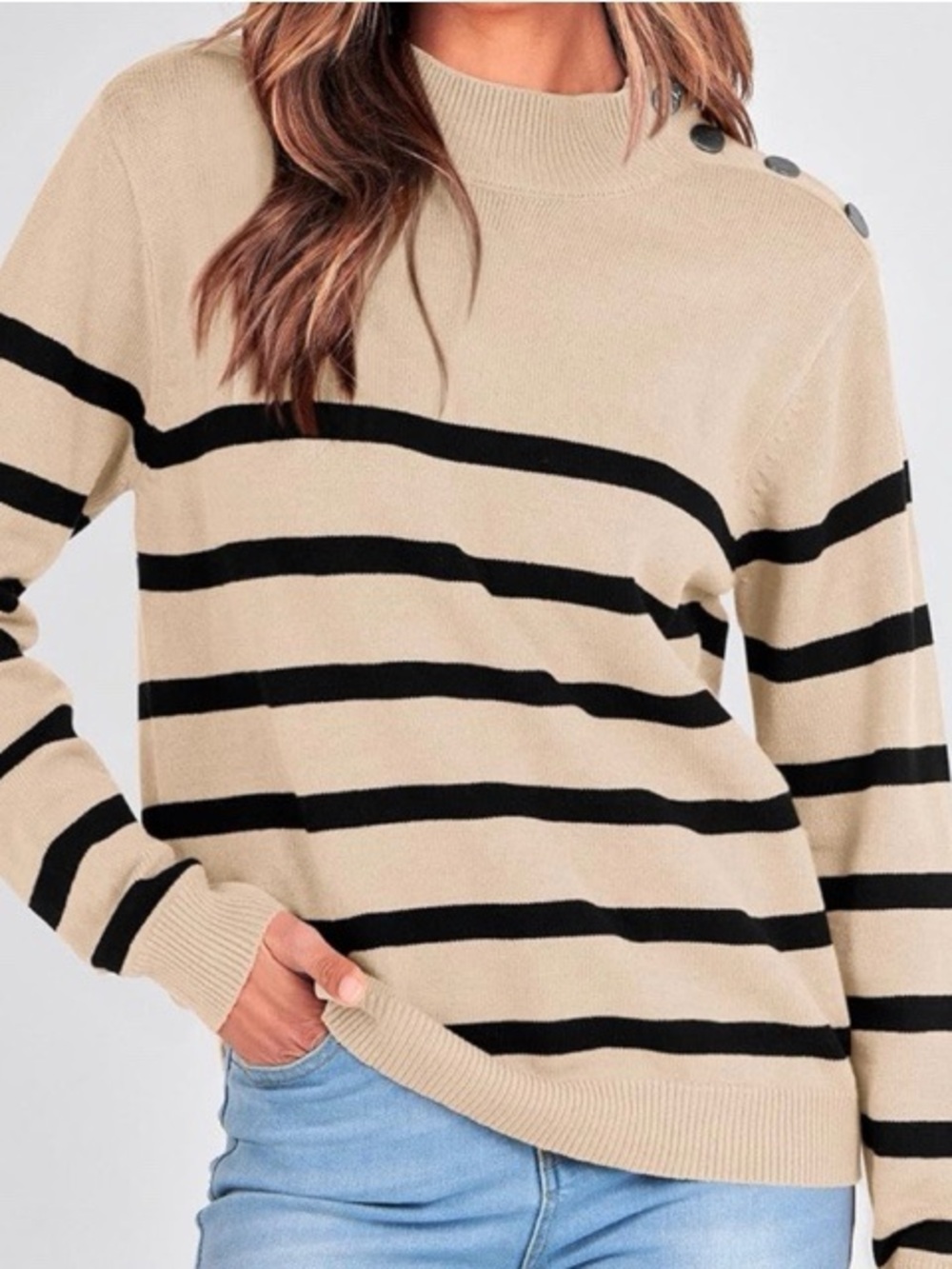 Kirundo Mock Neck Button Accent Striped Sweater NWT
